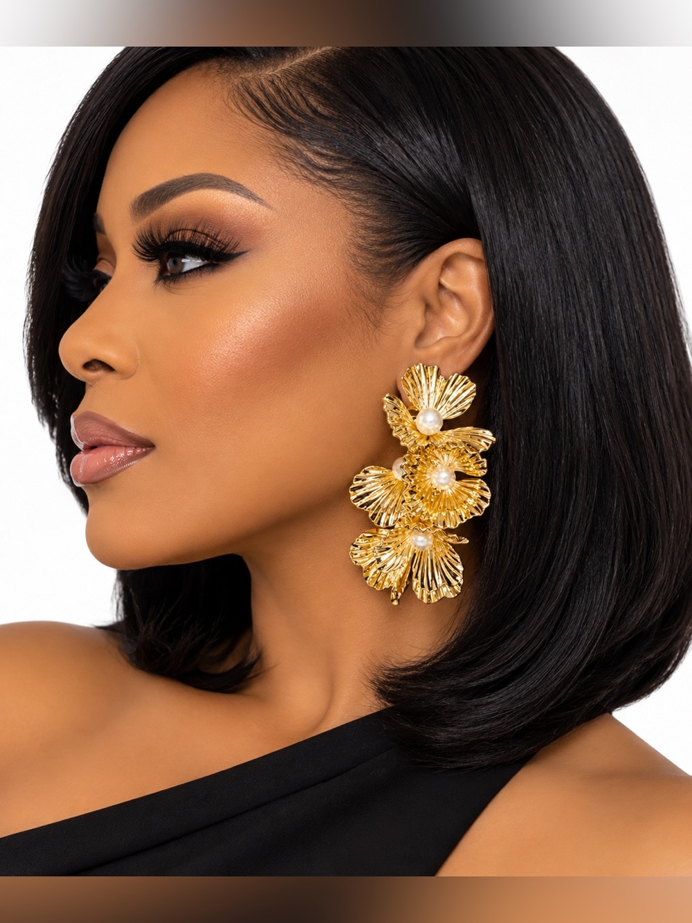 Gold Floral Pearl Drop Earrings by House of Harlow 1960